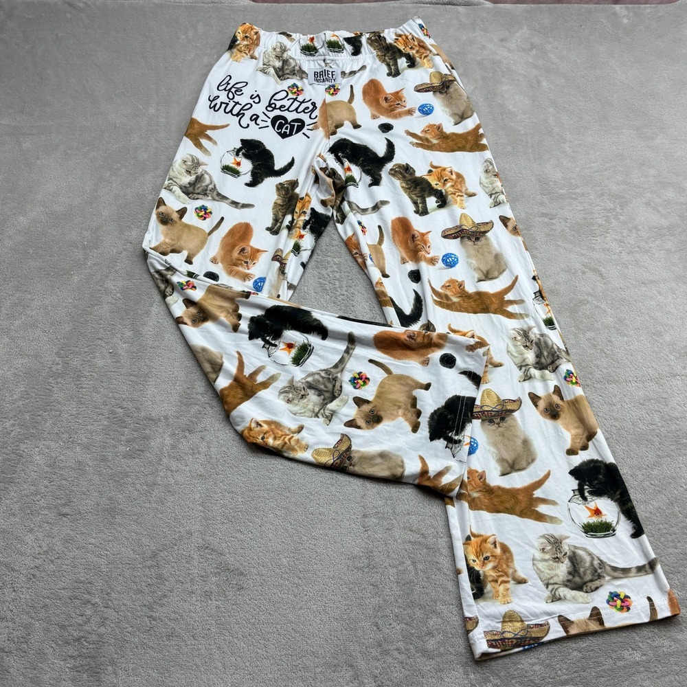 Brief Insanity Pajama Pants Women's S Crazy Cat Lady Print Wide Leg Loungewear